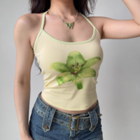 Retro sexy hot girl print halter neck suspenders women's summer pure backless top - Thumbnail 3