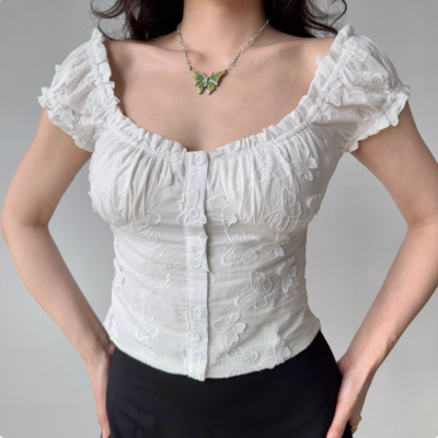 Retro puff sleeve embroidery white shirt women's summer u-neck short sleeve slim fit top