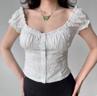 Retro Puff Sleeve Embroidery White Shirt Women's Summer U-neck Short Sleeve Slim Fit Top