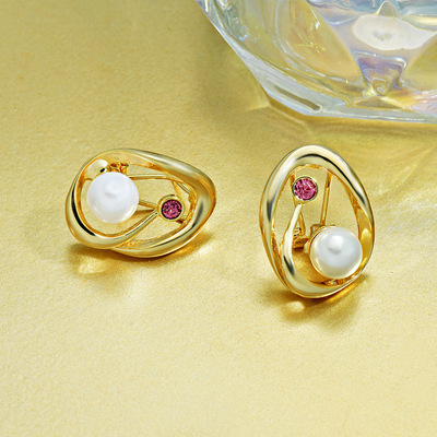 High-grade metallic pearl earrings for women – anti-allergy sterling silver needle, heart & geometric design – bright gray or white pearl