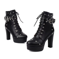 Women's Gothic Punk Belt Buckle Rivet High Heel Boots - Thumbnail 3