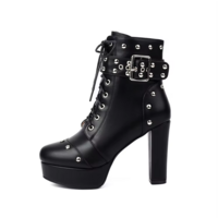 Women's Gothic Punk Belt Buckle Rivet High Heel Boots - Thumbnail 4