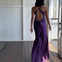 Simple A-Line V Neckline Grape Satin Prom Dresses  - Thumbnail 1