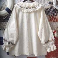 Sweet embroidered ruffled baby collar with bow tie loose blouses - Thumbnail 1