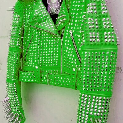 Crafted leather men classy green leather studded jacket with silver studs and spikes
