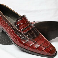 Crafted Leather Handmade Men Burgundy Blak Crocodile Leather Moccasin Loafers Dress Shoes - Thumbnail 1