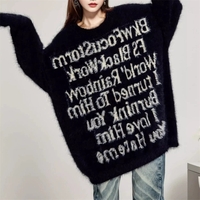 New American lettered loose pullover laid-back style knitted sweater top - Thumbnail 3
