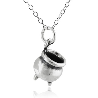 Halloween wizard pendant necklace – silver witch’s cauldron charm on water wave chain