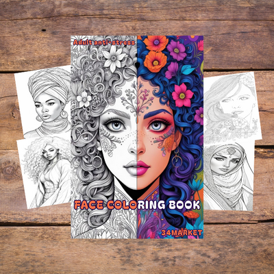 Coloring book - 125 friendly faces full page coloring book, friendly faces, portrait, grayscale coloring book, printable pdf file