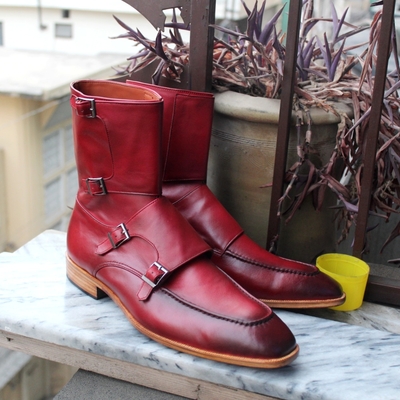 Crafted leather handmade burgundy leather buckle strap ankle high boot