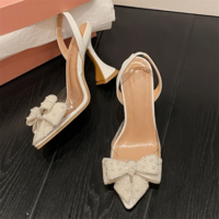  Elegant Beaded Butterfly-Knot Transparent Pearl Pointed Toe High Heels - Thumbnail 2