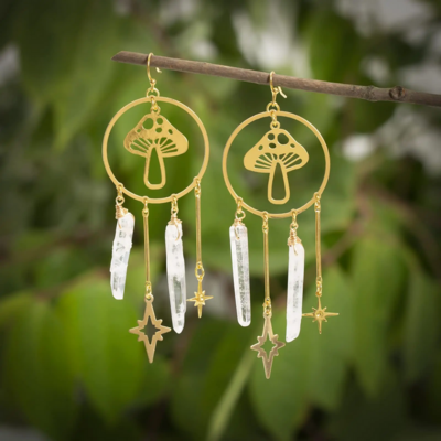  whimsical cottagecore mushroom and crystals earrings