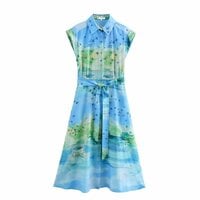 Printed Bird Circular Flower Shirt Lapel Maxi Dress - Thumbnail 2