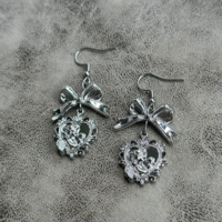 Silver Bowknot Baroque Cherub Heart Drop Earrings - Thumbnail 2