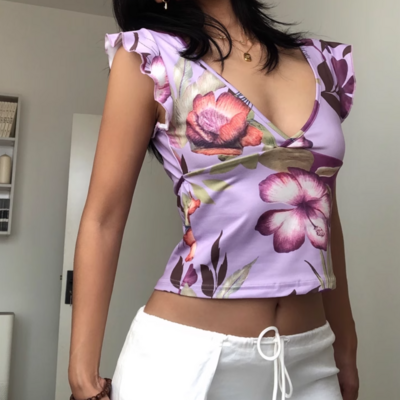 Sexy v-neck floral print slim fit navel-baring cropped t-shirt - Thumbnail 2