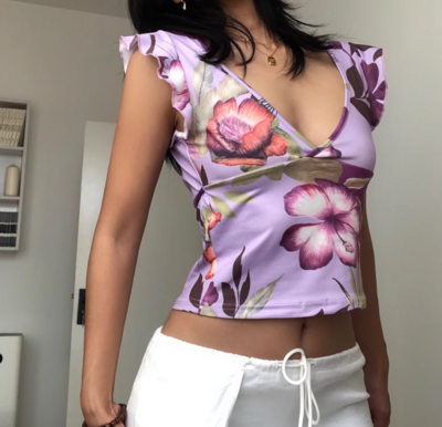 Sexy V-neck floral print slim fit navel-baring cropped T-shirt