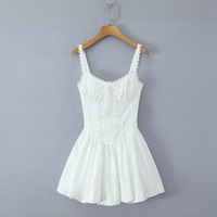 Back drawstring lace patchwork herringbone waist suspender dress - Thumbnail 1