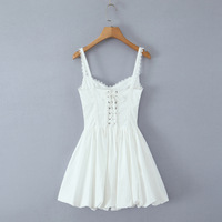 Back drawstring lace patchwork herringbone waist suspender dress - Thumbnail 3