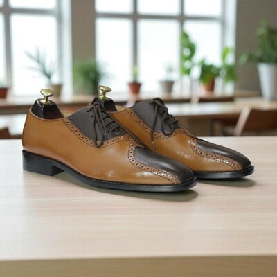 Handmade men's brown black designer lace up leather dress shoes