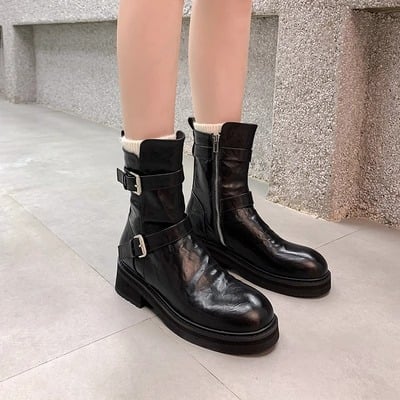 Washed calfskin leather platform ankle boots 2 colors - Thumbnail 4