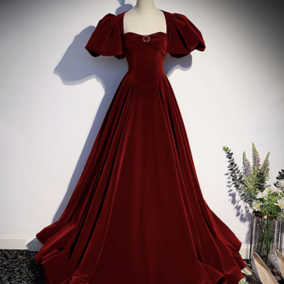 Beautiful a line burgundy velvet long prom dresses - Thumbnail 1