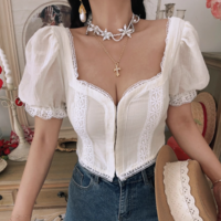 Square neck back sweet style puff sleeve cropped top - Thumbnail 3