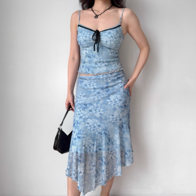 Retro blue printed sling + irregular skirt suit - Thumbnail 1