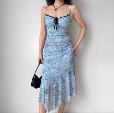 Retro blue printed sling + irregular skirt suit