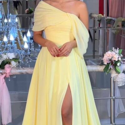 Simple yellow a line chiffon prom dresses evening gowns formal party gowns - Thumbnail 1