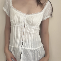 Pleated halterneck low-cut button-down lace cropped top - Thumbnail 3
