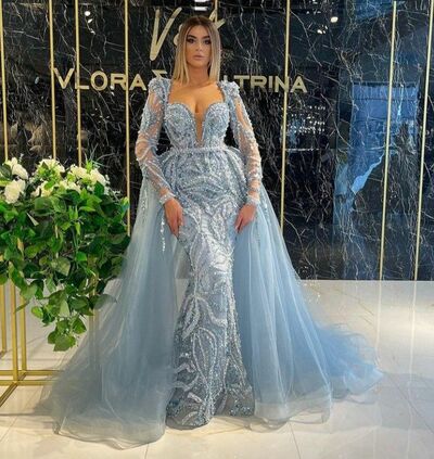 Luxury Light Blue Sheath Beading Crystals Prom Dresses Evening Gowns Formal Party Gowns