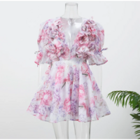 Flower Print Puff Sleeve Summer Casual Dress - Thumbnail 6