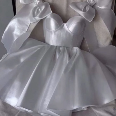 Chic a line straps white short satin homecoming dresses - Thumbnail 1