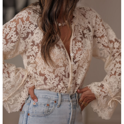 Women'S Casual Loose Long Sleeved Lace Shirt
