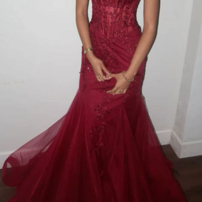 Mermaid v neck tulle burgundy prom dress with lace 