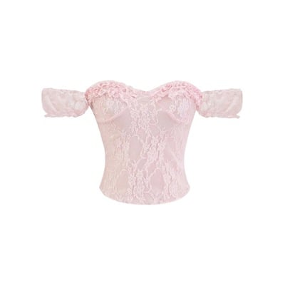 Off-the-shoulder ruffled top with lace jacquard pleated t-shirt