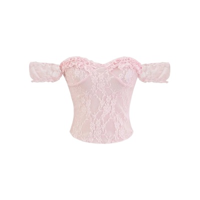 Off-the-shoulder ruffled top with lace jacquard pleated T-shirt