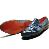 Crafted Leather Classic Blue Crocodile/Alligator Leather Double Monk Strap Loafers Dress Shoes - Thumbnail 3