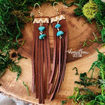 Brown leather earrrings w/magnesite - Thumbnail 1