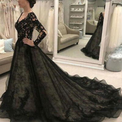 Mermaid black v neck lace prom dress with sleeves - Thumbnail 2