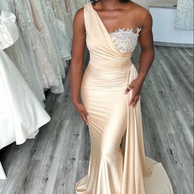 Light champagne mermaid lace prom dresses evening gowns formal party gowns - Thumbnail 1