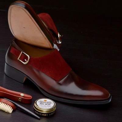 Crafted leather men classic and luxury burgundy patina calf suede leather monk strap dress shoes