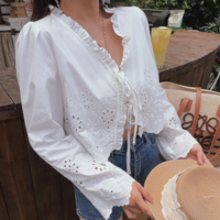 Fashionable simple and versatile hollow embroidered cotton top - Thumbnail 1