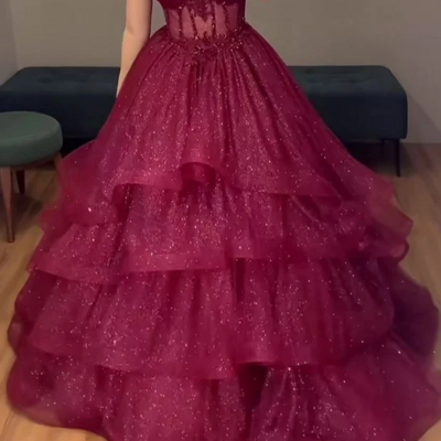 Ball gown tulle sparkly prom dress long evening gowns - Thumbnail 1