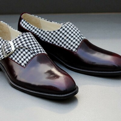 Crafted leather classic houndstooth fabric & patina monk strap dress shoes