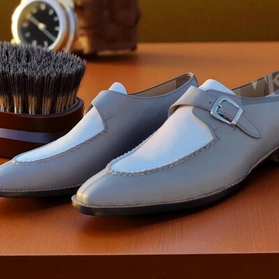Crafted leather men classic gray white leather split toe monk strap dress shoes