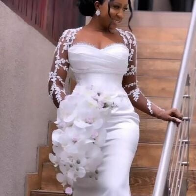 Elegant wedding dress, mermaid long sleeve lace african girls bridal dress bridal gown - Thumbnail 1