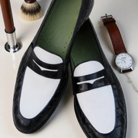 Crafted Leather Handmade Classic Two Tone Black White Crocodile/Alligator Leather Dress Shoes - Thumbnail 1