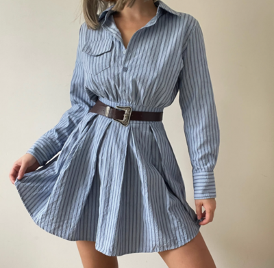 Sweet and spicy striped shirt belt design dress