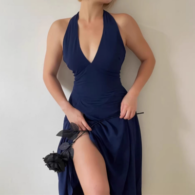 Sexy deep v-neck halter neck holiday casual waist dress - Thumbnail 1
